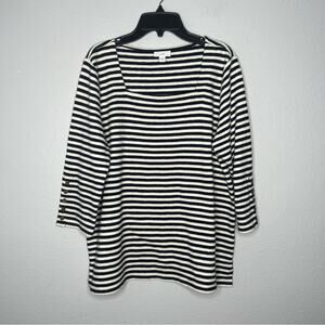 J. Jill 3/4 Sleeve Square Neck Navy Blue & Cream Striped Shirt Women's size M